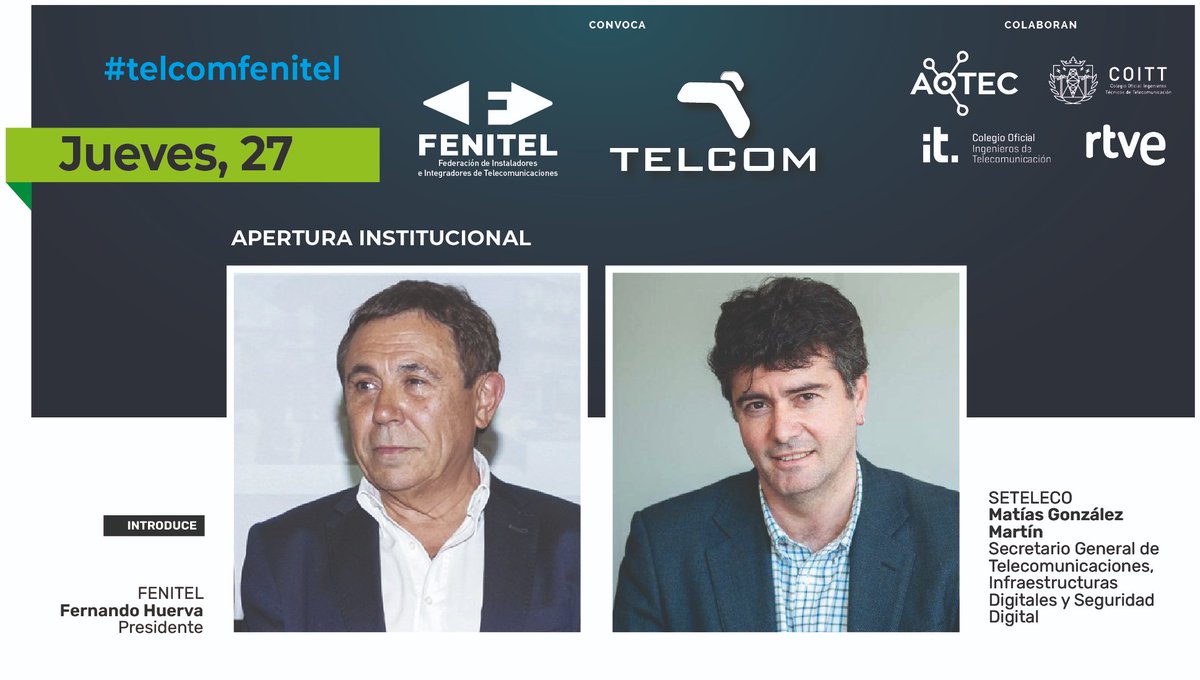 FENITEL_ES's tweet image. 📅 Jueves 27 Nov | 09:15h
🏛️ 𝗔𝗽𝗲𝗿𝘁𝘂𝗿𝗮 𝗜𝗻𝘀𝘁𝗶𝘁𝘂𝗰𝗶𝗼𝗻𝗮𝗹 𝗱𝗲 2ª 𝗷𝗼𝗿𝗻𝗮𝗱𝗮 #TELCOM25
Fernando Huerva, Presidente de @FENITEL_ES y Matías González, Secretario General de Telecomunicaciones, @SEtelecoGob 
Inscripciones 👉 fenitelcom.es
#TELCOMFENITEL