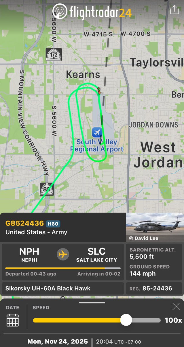 SLCScanner's tweet image. 🌀 Spotted this beast in action today: US Army Sikorsky UH-60A Black Hawk (Reg: 85-24346, Callsign: H436) practicing autorotations at U42/South Valley Regional Airport! Departed from Nephi. Military precision over the Wasatch Front! 🇺🇸🚁 #Aviation #BlackHawk #UtahSkies