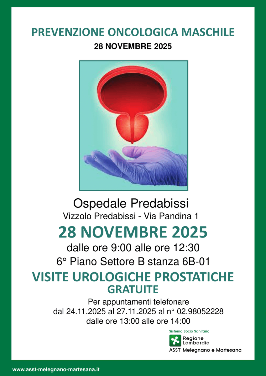 ASSTMelegnano's tweet photo. 📷 Un controllo oggi può salvare il domani.
Il 28 novembre, presso l’Ospedale Predabissi, si svolgeranno visite gratuite di prevenzione oncologica maschile. Non rimandare: la diagnosi precoce è la tua migliore alleata.
📷 Prenota e partecipa: la tua salute merita attenzione. https://t.co/ucDdsYnz8G