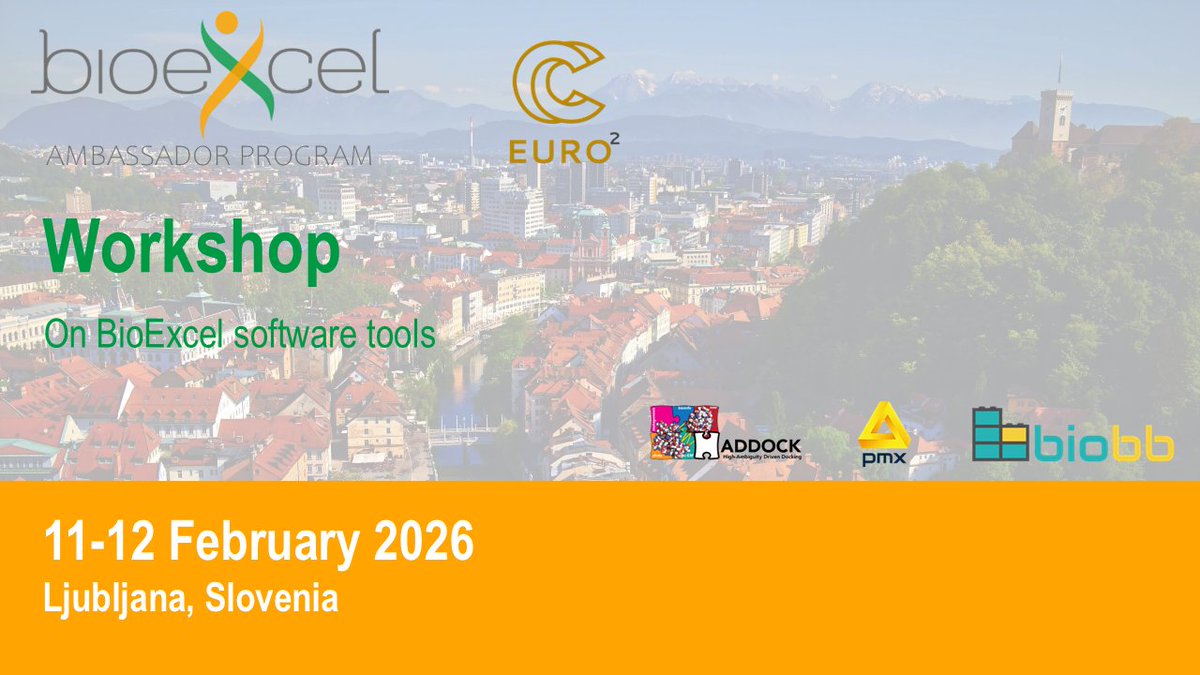 BioExcelCoE's tweet image. Our hands-on #training event for #PhD students and #postdocs wanting to learn #BioBB #HADDOCK and #PMX is taking place:

🗓️ 11-12 February 2026
🌍 Ljubljana, Slovenia

➡️ bioexcel.eu/3c00 (registration closes 10 December)

NCC Slovenia @EuroccItaly NCC Croatia