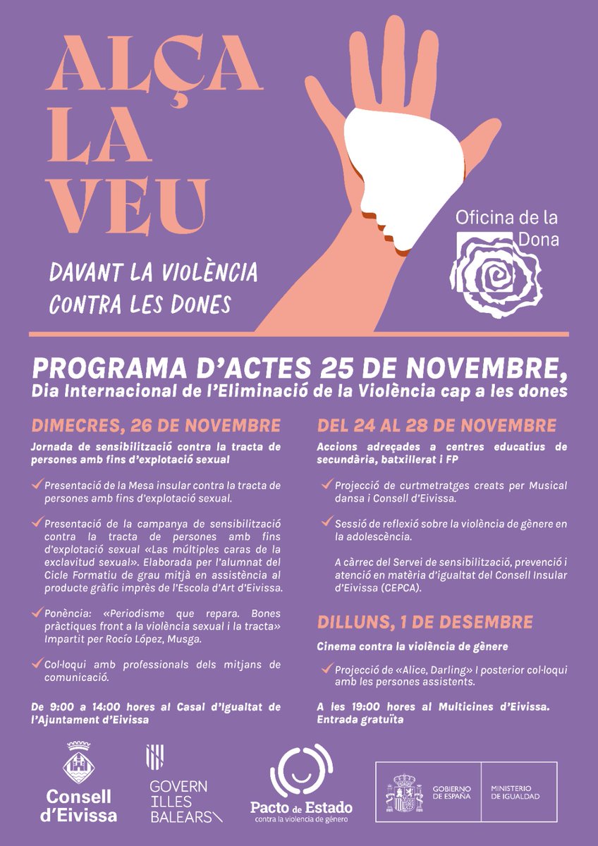 💜 Aquest #25N i sempre, alçam la veu davant la violència contra les dones i us animam a participar de  la lectura de manifest a les 12 hores a la sala de plens del Consell d'Eivissa.

A més, hem organitzat un programa d'activitats per sensibilitzar contra aquesta xacra 👇