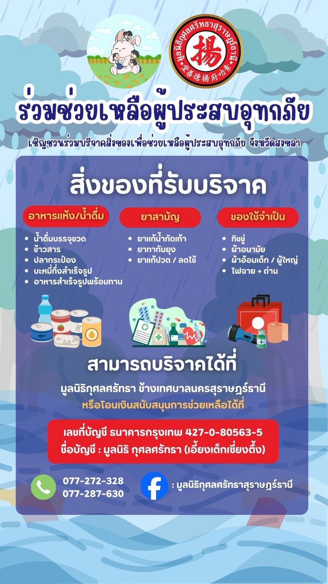 vegextio's tweet image. อีกช่องทางสำหรับชาวสุราษนะคะ บริจาคได้ที่มูลนิธิกุศลศรัทธาเลยค่ะ รับบริจาคเรื่อย ๆ จนกว่าของจะเต็มค่ะ

#น้ำท่วม #น้ำท่วมภาคใต้ #น้ำท่วมหาดใหญ่