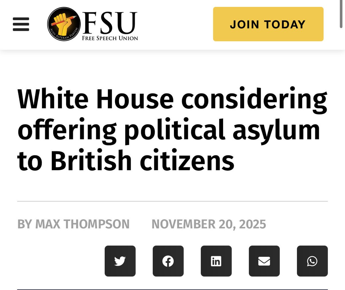 SpeechUnion's tweet image. The Telegraph reports that the White House is considering offering political asylum to British “thought criminals”.

That the United States—our closest ally—is even contemplating asylum for British citizens is a damning indictment of the state of free speech in the UK. It also…