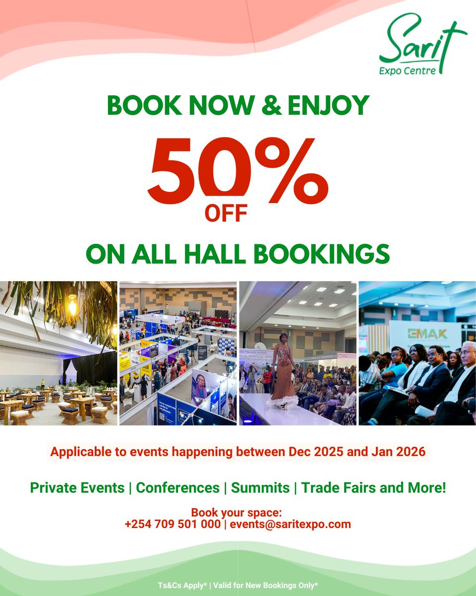 SaritThe's tweet image. Dreaming of your next big event? 🤩 Book any hall at Sarit Expo Centre between Dec 2025 and Jan 2026 and enjoy a massive 50% OFF! 
Book your space today: 📞 +254 709 501 000 📧 events@saritexpo.com
#SaritExpoCentre #EventBooking #HalfPrice