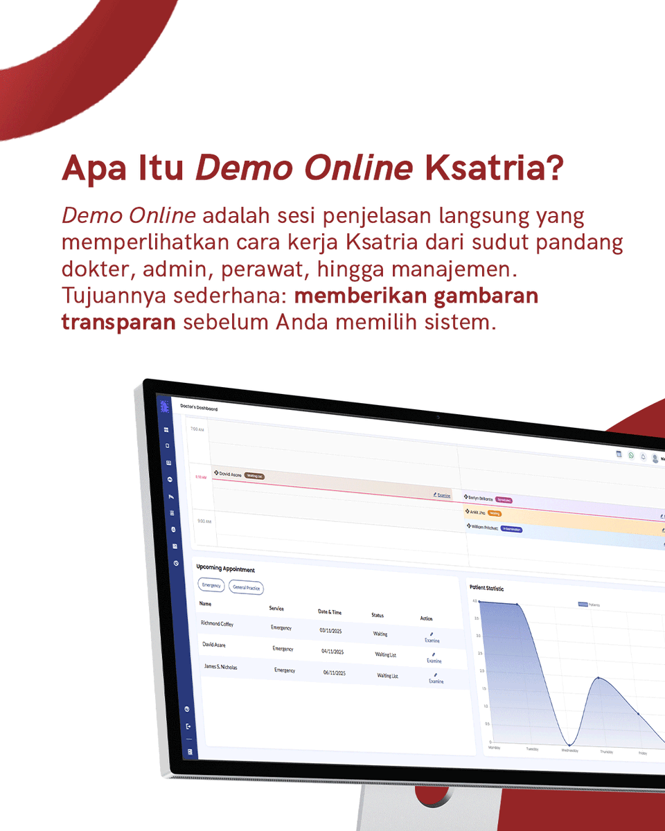 KsatriaMedical's tweet photo. Memilih sistem manajemen klinik/RS bukan keputusan kecil. Karena itu, Ksatria Medical Systems menyediakan Demo Online Gratis agar Anda bisa melihat langsung bagaimana sistem Ksatria bekerja di fasilitas kesehatan secara nyata. https://t.co/3n8k9hbEMH