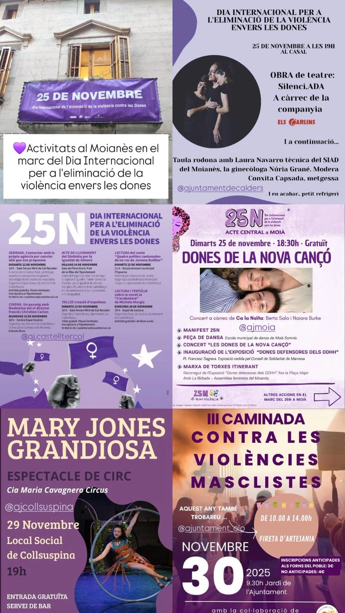 💜Activitats al Moianès en el marc del Dia Internacional per a l'eliminació de la violència envers les dones #25N

<a href="/AjCastelltersol/">Aj. de Castellterçol</a> <a href="/AjMoia/">Ajuntament de Moià</a> <a href="/Aj_Collsuspina/">Ajuntament de Collsuspina</a>