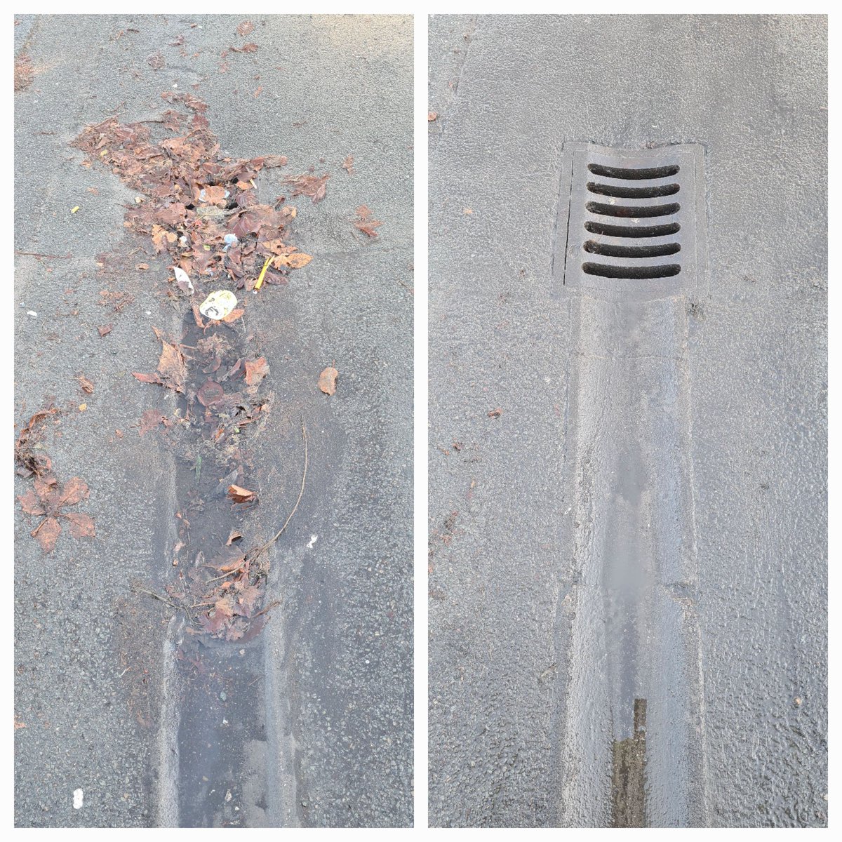 mike56200's tweet image. Cleaned this drain &amp;amp; channel on Sunday. It&apos;s a wide area of footpath by a by a bus stop here in Aldridge. I litterpicked and swept. This collects litter, then the leaves on top, making huge puddles here. Easy to sort out.