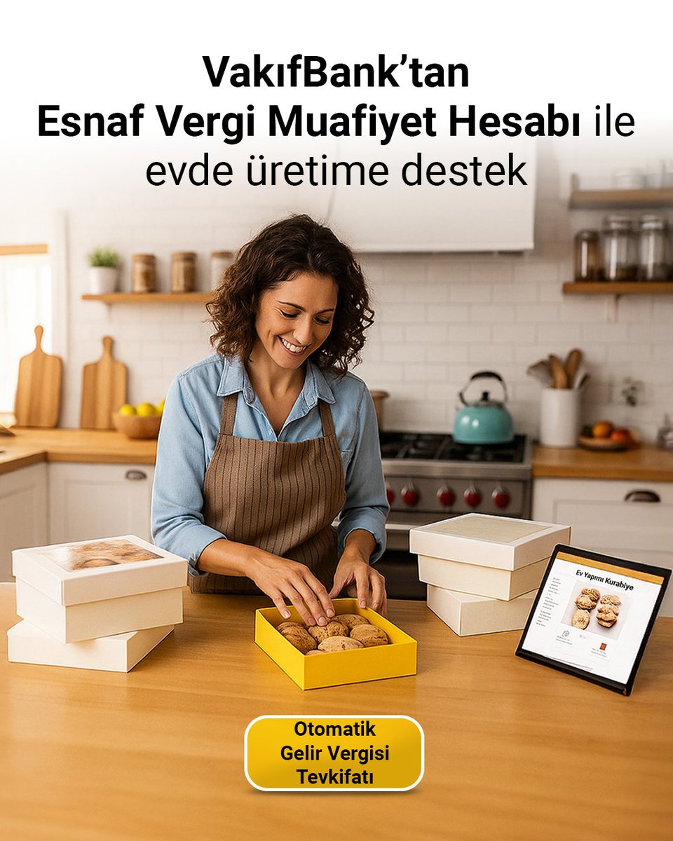 Evde üretim yapıyorsanız, Esnaf Muafiyeti Belgeniz ile birlikte VakıfBank hesabınızı kolayca açabilir ve vergi indiriminden yararlanabilirsiniz. Detaylı bilgi için vakifbank.com.tr sitemizi ziyaret edebilirsiniz #DaimaSeninle