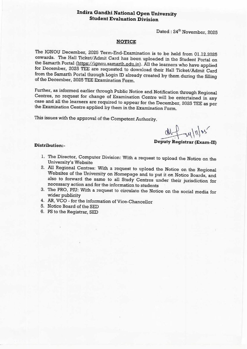 RCCHENNAI1's tweet image. 📢IGNOU TEE Dec 2025-Important Notice
Hall Tickets/Admit Cards for Dec 2025 TEE have been uploaded on Samarth Portal. Learners are advised to download the same&amp;amp;appear for exam at the centre opted in their Examination Form. No request for change of Exam Centre will be entertained.