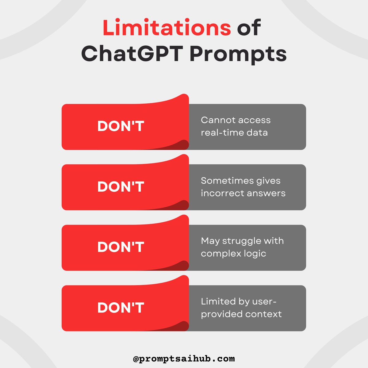 PromptsAIHub's tweet image. ChatGPT is powerful—but not perfect! 🚨
Top limitations: vague instructions, no real-time data, mistakes, context limits, complex logic, emotional nuance.
❤️ Like • 💬 Comment • 🔁 Repost
👉 Follow @promptsaihub for more AI tips!
#ChatGPT #AIlimitations #AItips