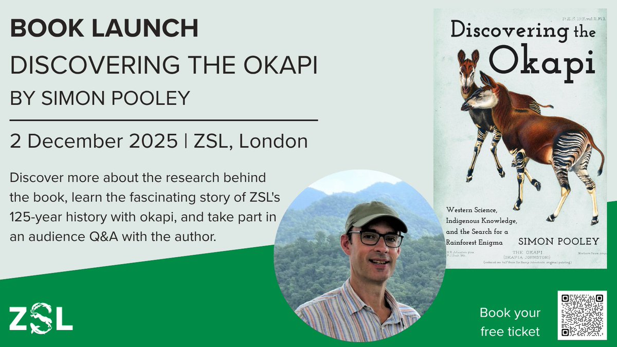 ZSLScience's tweet image. Just one week left until our launch event with @s_pooley  for his book Discovering the Okapi! Join us on Tues 2nd Dec to hear from the author, and learn about ZSL&apos;s 125-year-long history with this enigmatic animal. Book now: eventbrite.co.uk/e/book-launch-…