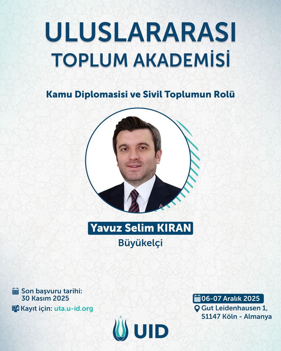 U_I_D's tweet image. 🎤 Yavuz Selim Kıran

Büyükelçi

📚 Konu Başlığı: Kamu Diplomasisi ve Sivil Toplumun Rolü
📝 Tanıtım:
Uluslararası ilişkiler bağlamında kamu diplomasisi uygulamaları ve stratejileri ele alınacak; katılımcılar diplomatik araçları tanıyacaklar.

📅 06–07 Aralık

📍 Gut Leidenhausen…