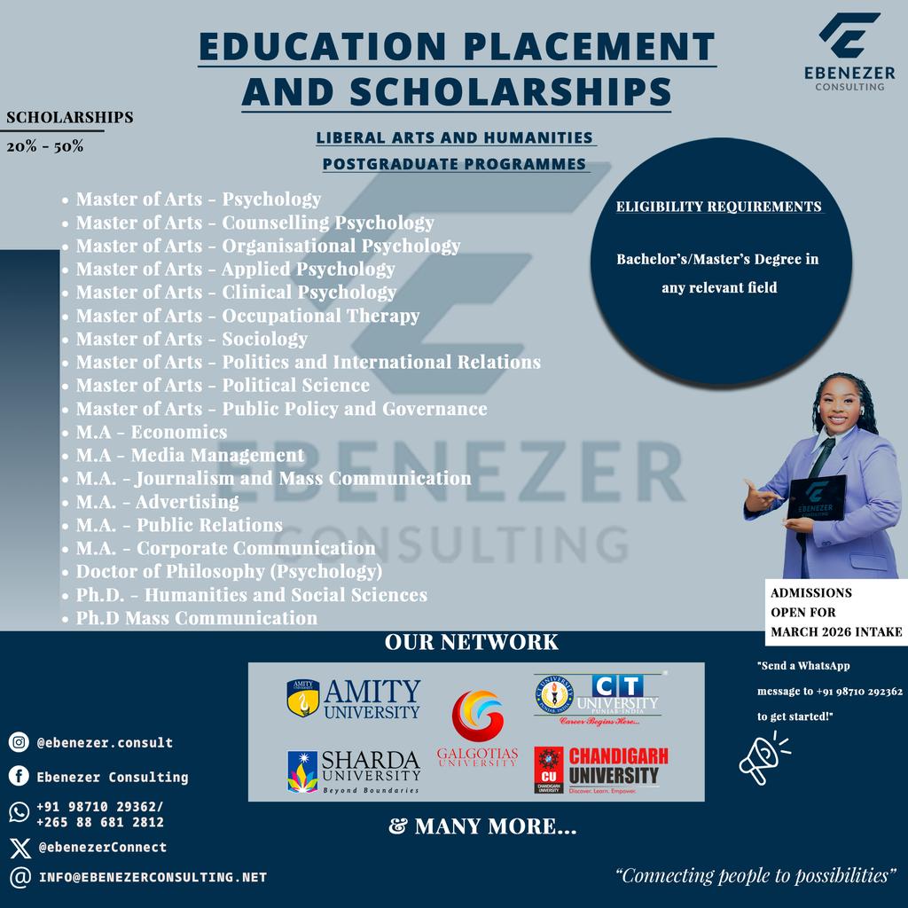 EbenezerConnect's tweet image. Undergraduate &amp;amp; postgraduate Liberal Arts &amp;amp; Humanities Scholarships available at listed universities.

Ebenezer Consulting is here to guide your application.
📩 DM +91 98710 29362 to begin your journey.
#LiberalArts #Humanities #SocialSciences #Psychology #Sociology #ApplyNow