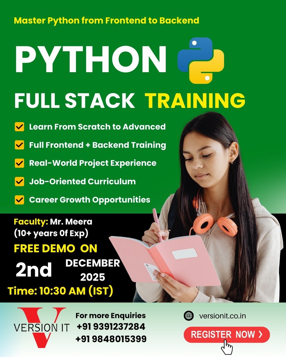 VersionitCloud's tweet image. Kickstart your IT career with Python Full Stack Training at Version IT!

📅 FREE DEMO: 2nd December 2025
⏰ Time: 10:30 AM (IST)

📞 +91 9391237284 | +91 9848015399
🌐 Register Now: versionit.co.in/python-full-st…

#PythonTraining #PythonFullStack #FullStackDeveloper #VersionIT