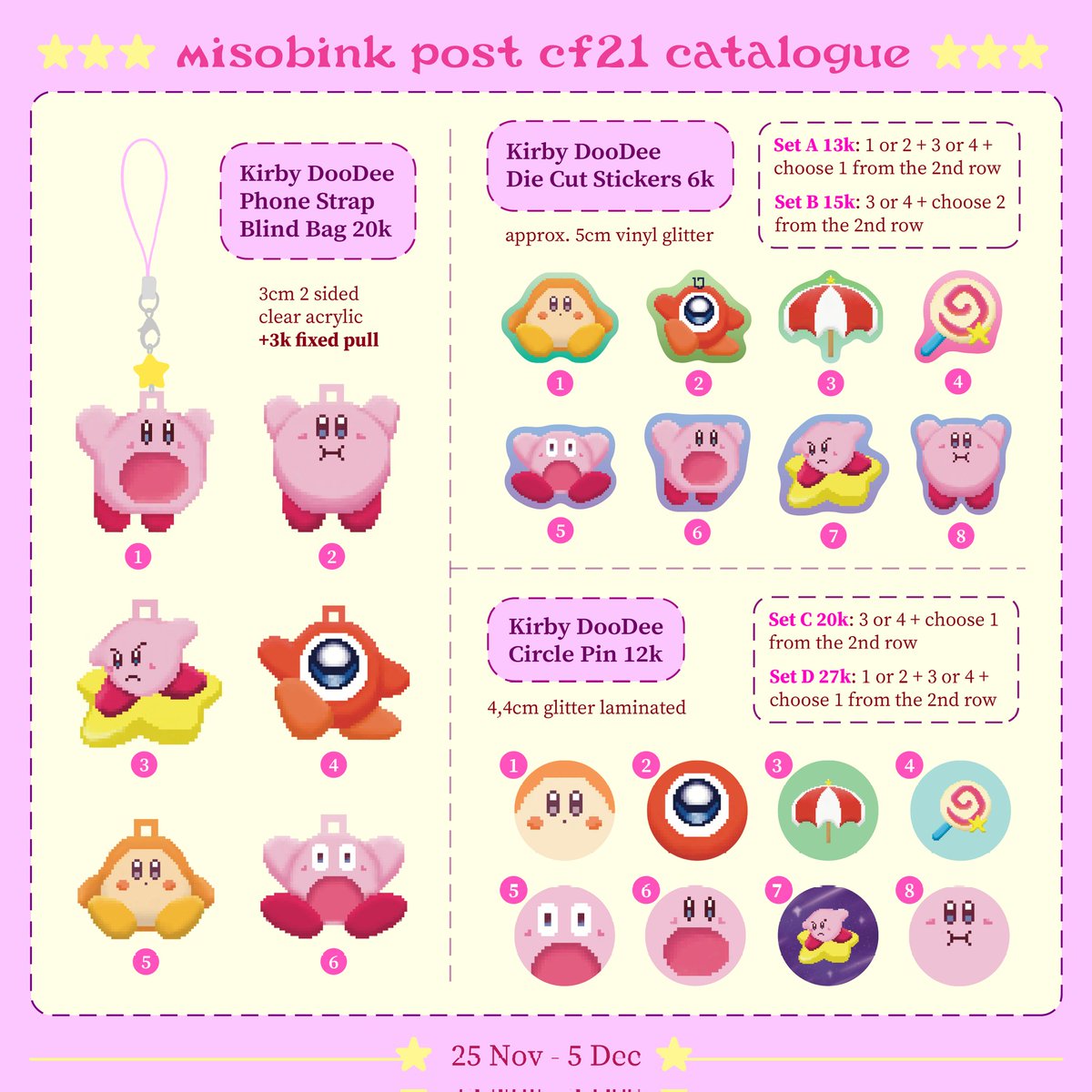 misobink's tweet photo. ♡ &amp; ↻ are very jinjja hontoni appreciated ✧⁠◝⁠(⁠⁰⁠▿⁠⁰⁠)⁠◜⁠✧

misobink's post #CF21 pre-order is here 🪼⋆.ೃ࿔*:
🗓️ 25 Nov - 5 Dec 2025

🍥 Link down below!

🎏 Kirby, Stray Kids SKZ, Ghibli Ponyo, MHA BNHA, OPM, Ousama Rankings

#cf21catalogue
#CFXXICatalogue https://t.co/LiU2OR7X46