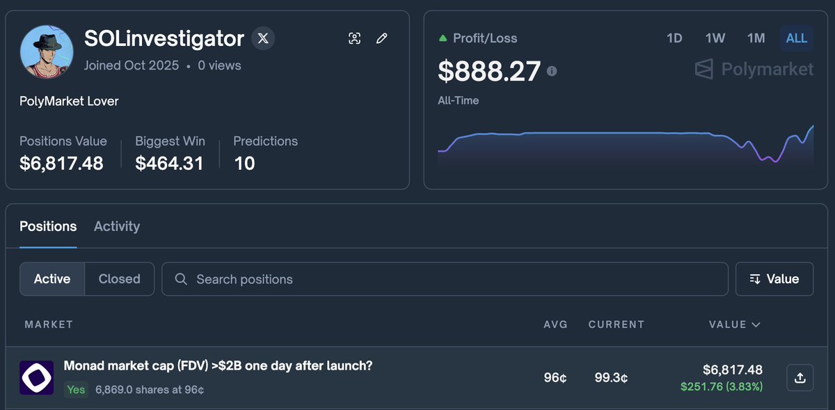 SOLinvestigator's tweet image. Took a small risk and ended up with a bigger slice. That’s @Polymarket for you 😉

Just Free Money Boys 🤑

Check my Profile on Polymarket here:
polymarket.com/@SOLinvestigat…