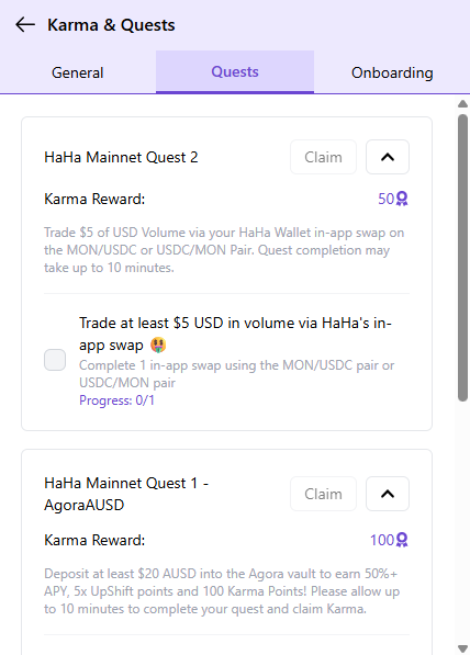 Ty_Tuki0609's tweet image. [하하 월렛 업데이트]
@haha_app 

토빗햄 확인 하셨지용?
새로운 퀘스트 2종이 추가 되었습니다!!
$HAHA 
완료시에 카르마가 무려 150 포인트.
그리고 모나드 메인넷 연계 퀘스트가 추가 되었는데

하하 웟렛을 통해서 @withAUSD 에 입금하면 24시간 내에 50% APY를 받을 수 있다고 하는군요..…