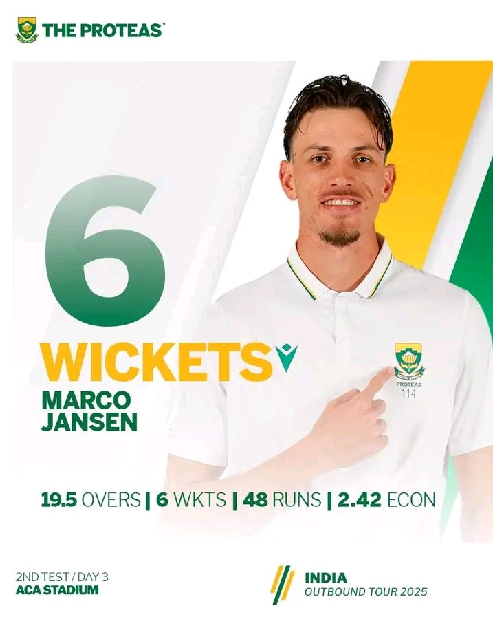 Marco Jansen, you beauty!! 💥 

A superb six-wicket haul for our left-arm quick. 🤩 

A truly sensational performance in Guwahati! 👏🇿🇦 #CricketFever #PAKvSA