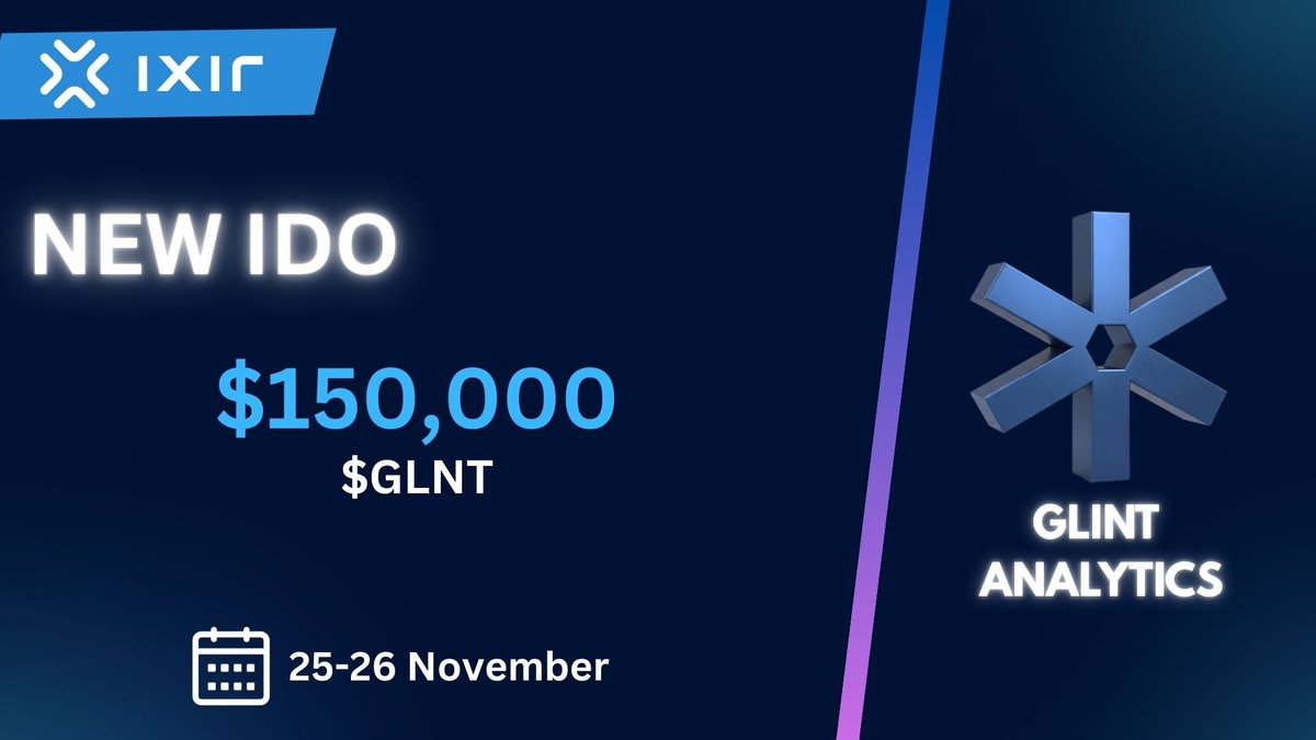 ixirpad's tweet image. 🚀 NEW IDO on @ixirpad!

Introducing @GlintAnalytics — an AI-driven analytics platform delivering real-time insights, on-chain intelligence, and smarter decision-making tools for Web3 users.

💰 Allocation: $150,000 — $GLNT
📅 Date: 25–26 November
📅Listing Date : 27 November…