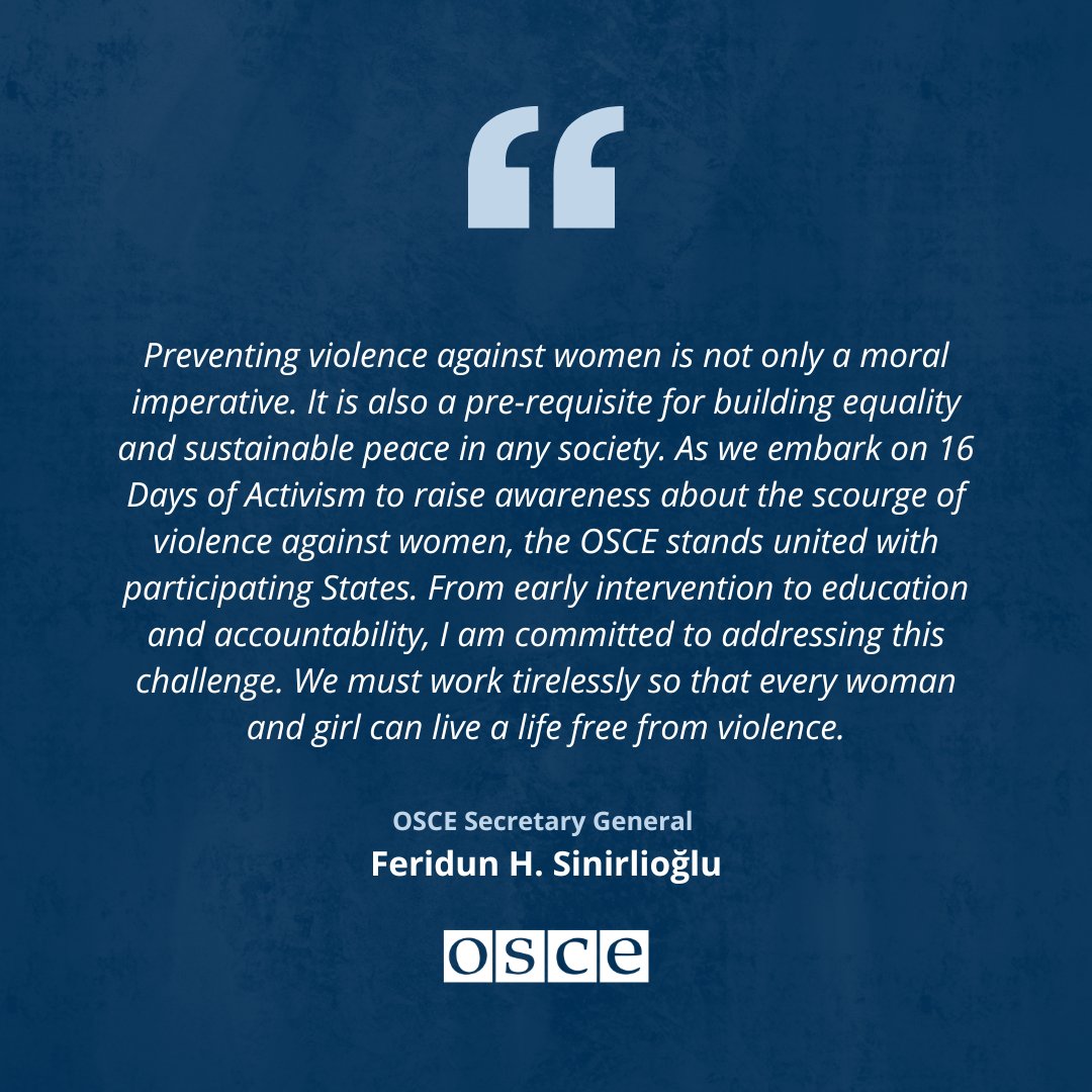 OSCESecGen's tweet image. Preventing violence against women is a moral imperative — and essential for sustainable peace and equality.

As we begin the #16Days, we stand united with OSCE participating States to advance prevention, protection and accountability.