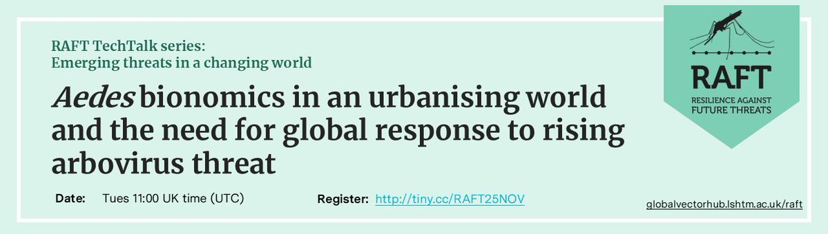 LSHTM_RAFT's tweet image. Remember RAFT TechTalk 11.00 today on rising threat of arboviruses &amp;amp; how to reduce transmission. Hear from experts at @WHO NIMR @cam_crid &amp;amp; Mahidol Uni: Aedes bionomics in an urbanising world &amp;amp; need for global response to rising arbovirus threat
Sign up: tiny.cc/RAFT25NOV