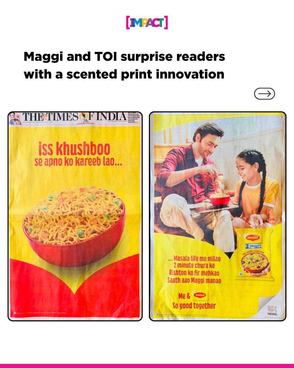 IMPACT_onnet's tweet photo. @MaggiIndia and @timesofindia surprised readers with a scented newspaper that filled mornings with the brand’s iconic aroma. What do you think about this print ad?

#TimesOfIndia #TOI #Maggi #NostalgiaInPrint #SensoryAdvertising #MaggiMagic #PrintInnovation #IconicCollaboration https://t.co/RmeZosCDUT