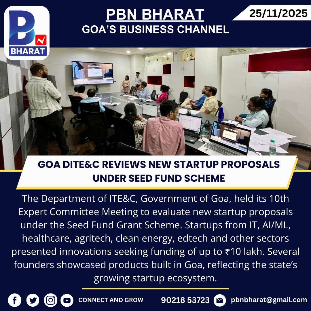 PBNBHARAT's tweet image. Goa DITE&amp;amp;C Reviews New Startup Proposals Under Seed Fund Scheme
#GoaStartupPolicy #DITEandC #StartupEcosystem #GoaStartups #SeedFund #Innovation #Entrepreneurship #TechGoa