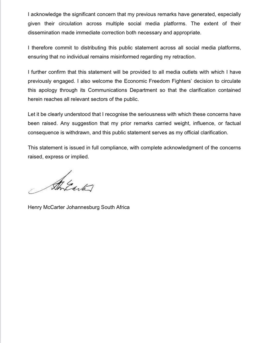EFFSouthAfrica's tweet image. ♦️Must Read♦️

Propagandist and information peddler Henry Mcarter issues public apology to the Commander In Chief and President of the EFF @Julius_S_Malema for publicly and falsely claiming that he has ties with UK Foreign Intelligence agency MI6.

The attempt to cast doubts…