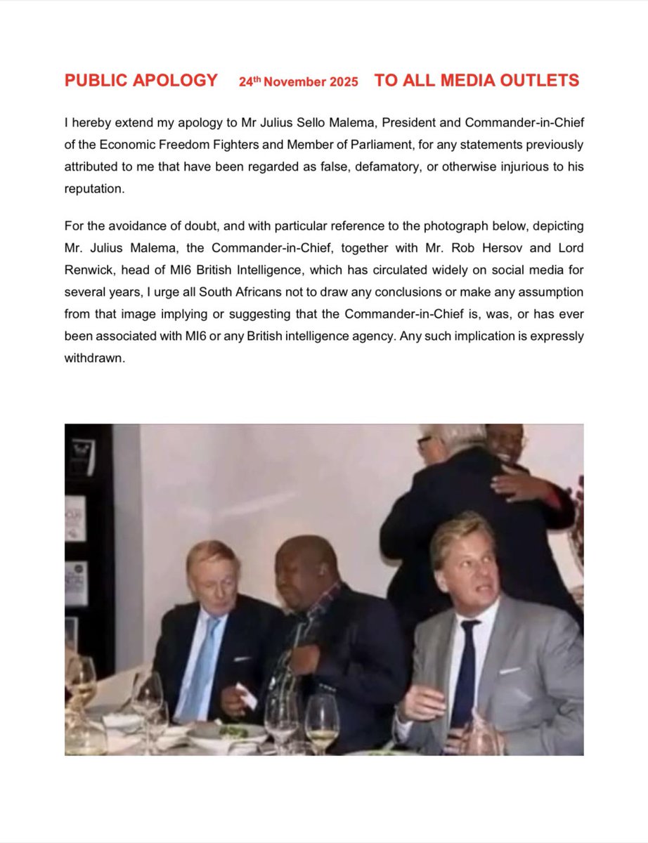 EFFSouthAfrica's tweet image. ♦️Must Read♦️

Propagandist and information peddler Henry Mcarter issues public apology to the Commander In Chief and President of the EFF @Julius_S_Malema for publicly and falsely claiming that he has ties with UK Foreign Intelligence agency MI6.

The attempt to cast doubts…
