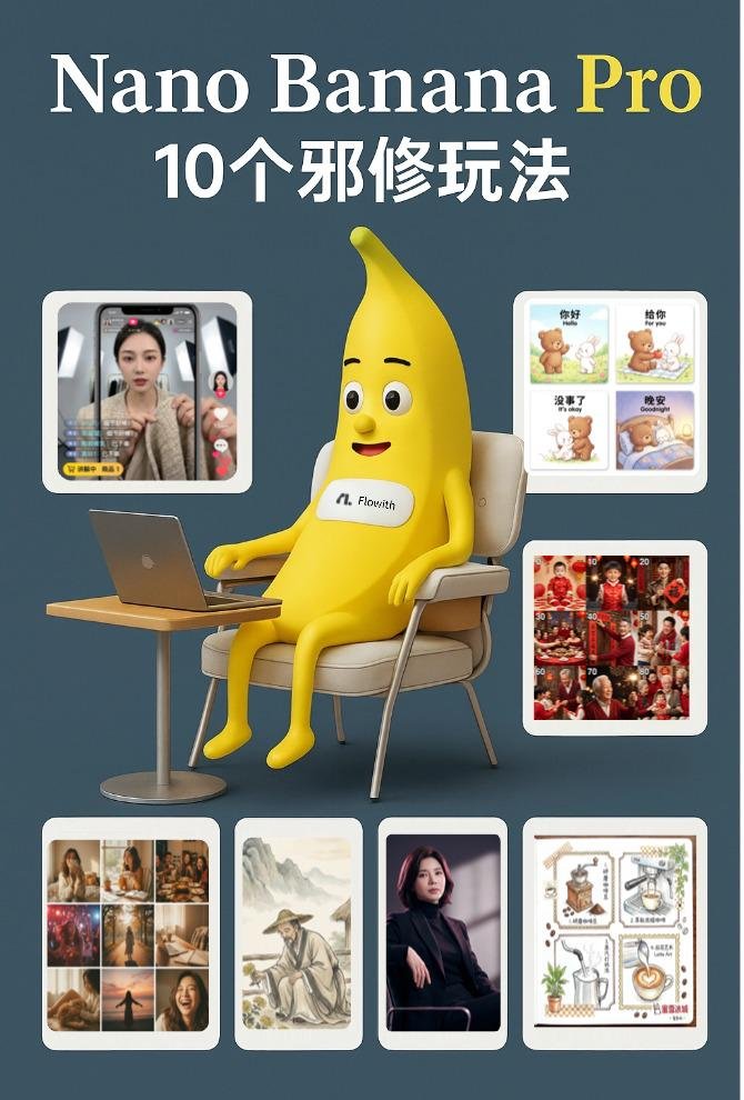 🚀 Nano Banana Pro 10 个邪修到爆的玩法

用好一个就能甩开同龄人 10 条街：
1️⃣ 生活照九宫格
2️⃣ 科普级信息图
3️⃣ 直播带货截图
4️⃣ 连环画八页本

每个玩法都附「提示词 + 实战图」👇