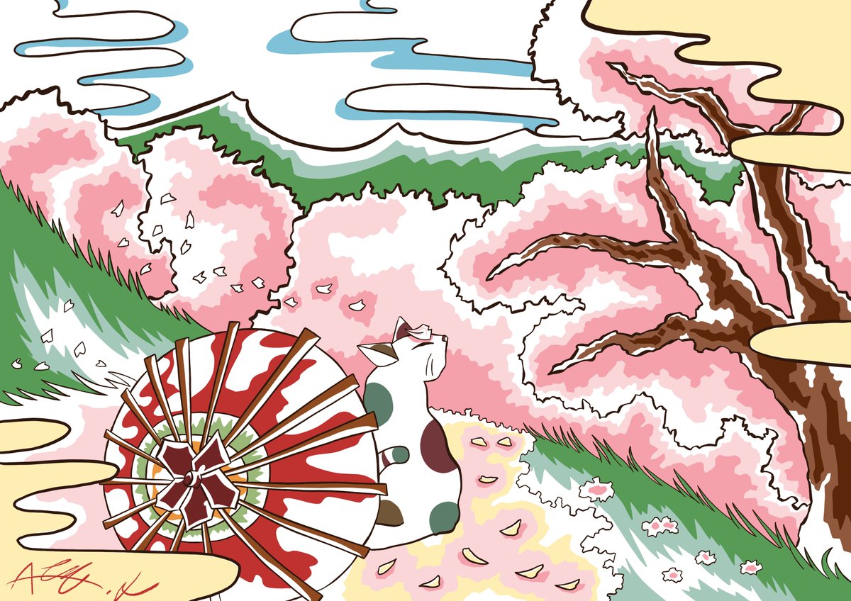 necodouraku's tweet image. 桜と猫の絵です。猫の隣には和傘が置いてあり、桜は風になびいているように感じます。
#art #芸術 #illustration #猫 #cat #イラスト   #Japan #oracle  #Oracle #感情 #emotion #心 #mind #illustrationart #trip  #digitalart #Digital #和傘  #桜   #北海道 #桜の作品でTLにも桜を咲かせましょう