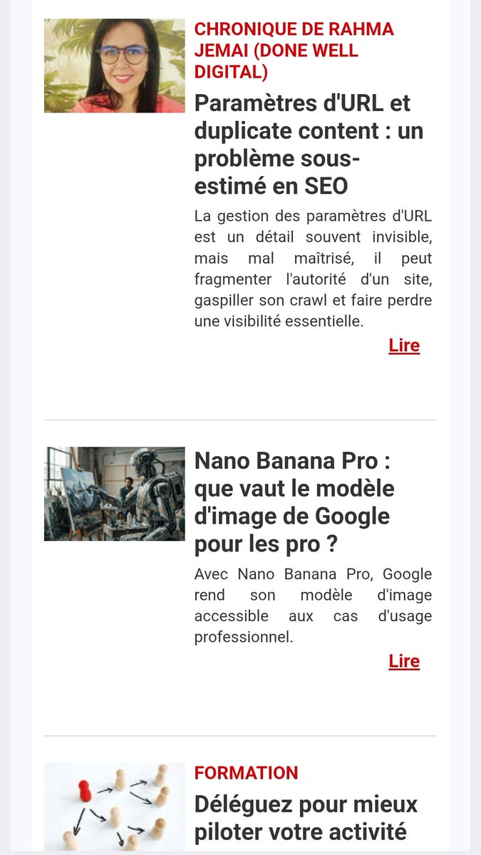 Ravie de voir ma chronique apparaître dans la newsletter du <a href="/journaldunet/">Le Journal du Net</a> .
Un grand merci à la rédaction pour leur confiance. 

J’y parle d’un sujet souvent négligé en SEO : les paramètres d’URL et leur impact sur le duplicate content.

Pour en savoir plus :
