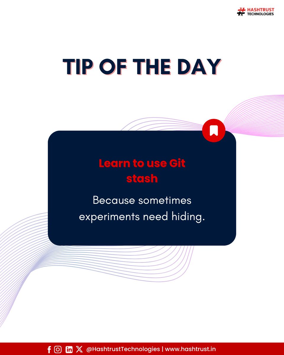 HashtrustT's tweet image. Tuesday Tip: Git stash is your safety net.
Save experiments without committing chaos.
#TuesdayTip #GitTips #Hashtrust