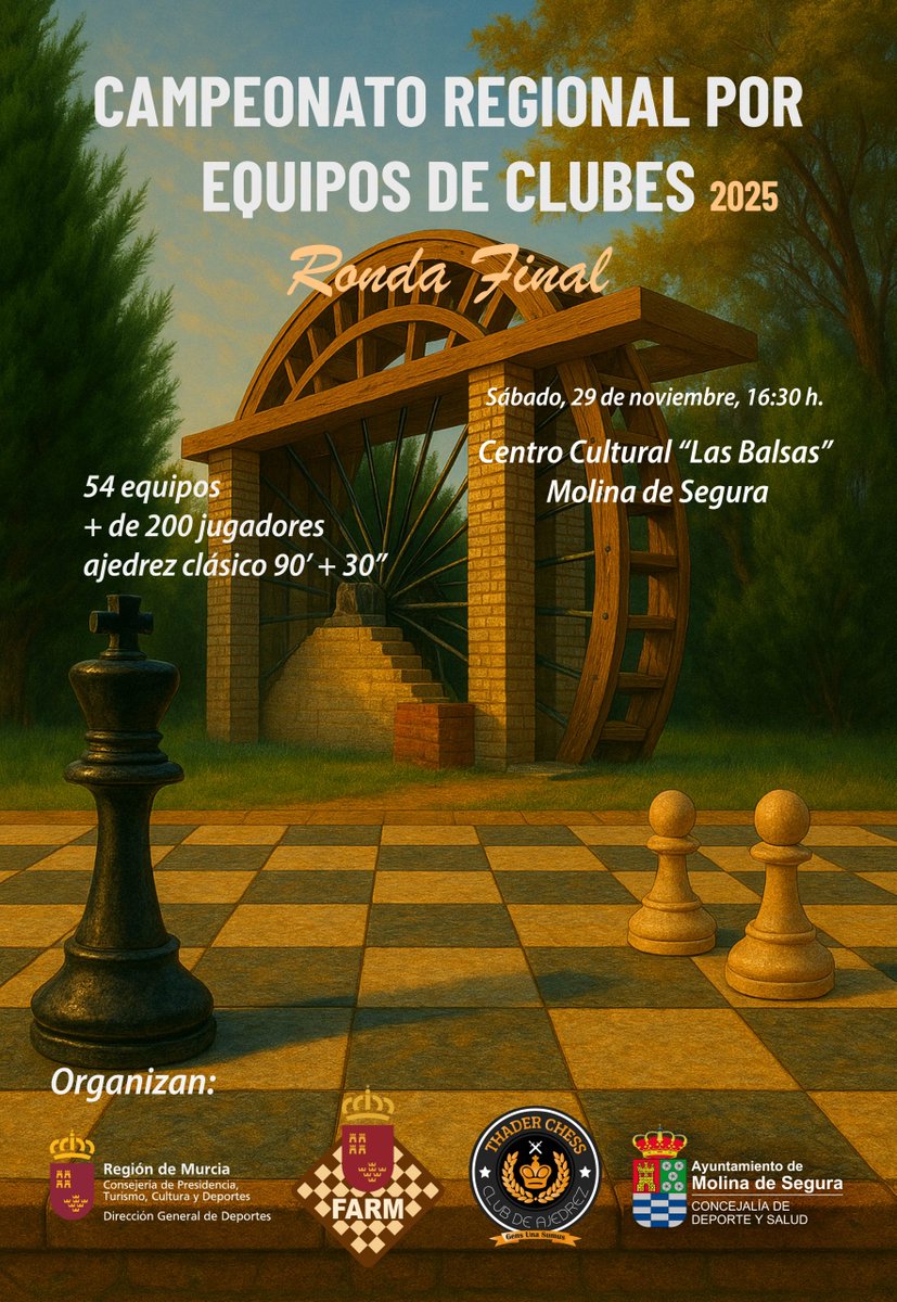 ♟️ Molina de Segura se convierte en la capital regional del ajedrez 

Molina de Segura será el epicentro del ajedrez regional con el Campeonato Regional por Equipos.

🔗 farm.es/ronda-final-ca…

🏭♟️🏭 <a href="/AytMolinaSegura/">Ayuntamiento de Molina Segura</a>  <a href="/thaderchess/">Club de Ajedrez Thader Chess ENAE</a>  <a href="/RMolinadeportes/">Molina Todo Deporte</a>