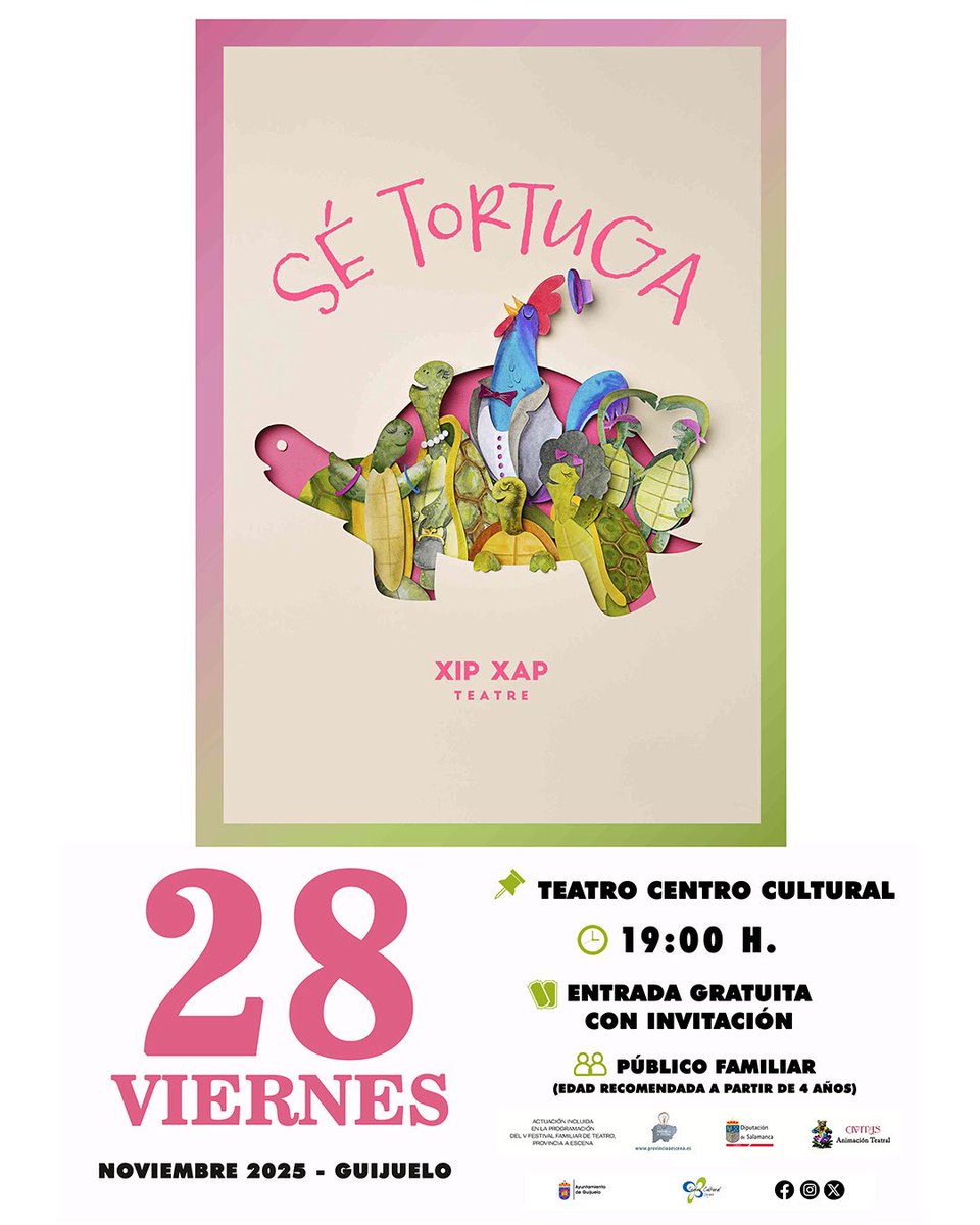 🎭 El 28 de noviembre, 19:00 h., llega al Teatro Municipal el espectáculo familiar “Sé Tortuga” de Xip Xap Teatro.
Dirigido a público a partir de 4 años. 🐢✨
🎟️ Entrada gratuita con invitación (recogida en el Centro Cultural).
📌 Actividad del V Festival Familiar de Teatro – PE