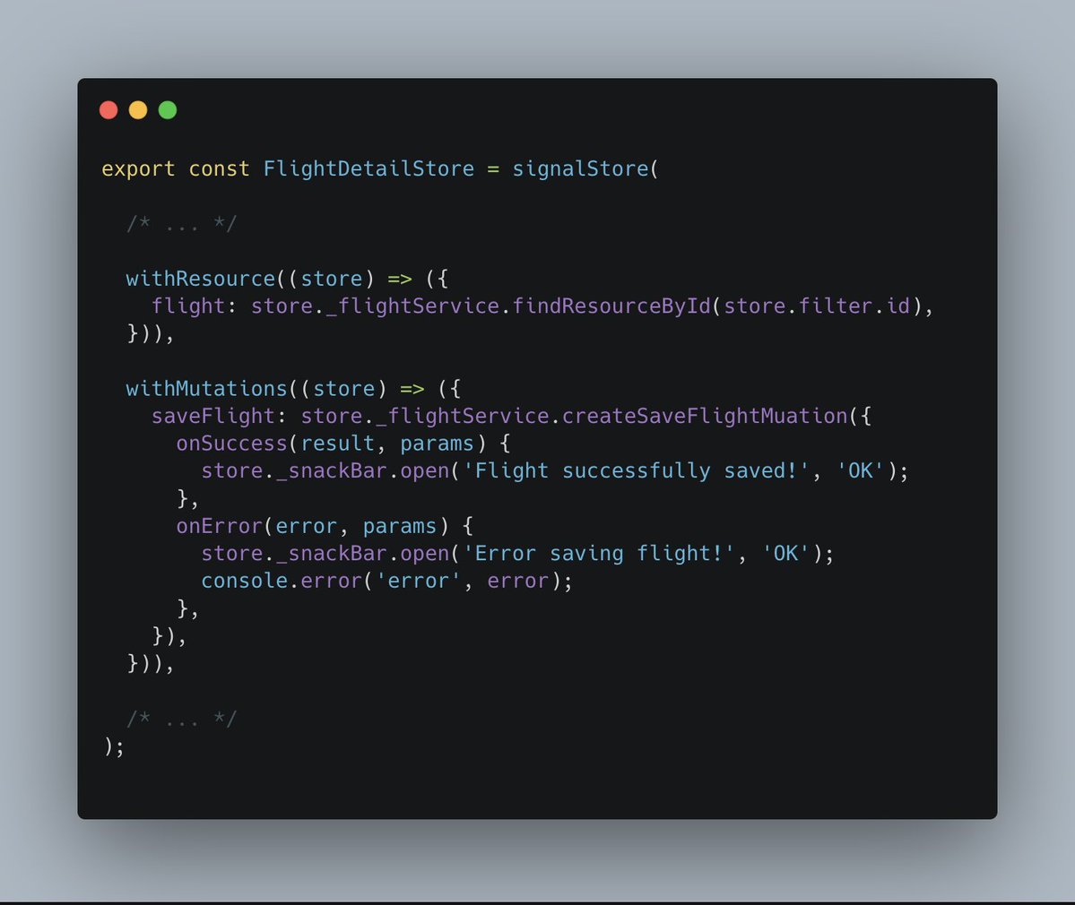 ManfredSteyer's tweet image. Using withResource and withMutations, we integrate both seamlessly into the store. This keeps the store declarative and highly composable 5/7
