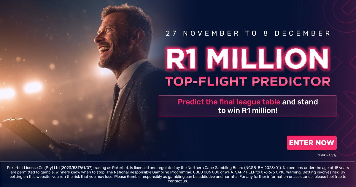 💥 Think you’ve got the English top-flight all figured out? Prove it. 💥

⚽ Introducing the R1 Million Top-Flight Predictor, your chance to win R1,000,000 by correctly predicting the final English top-flight league table.

Here’s how to enter: 👇

1️⃣ Complete the official