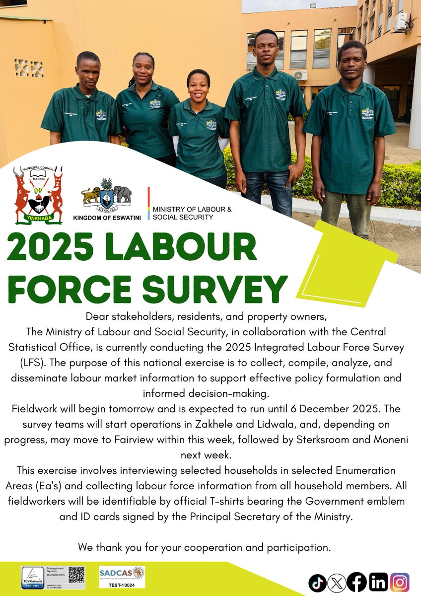 manzinicity's tweet image. Have your say, shape our future.
The 2025 Labour Force Survey begins tomorrow! When our trained teams visit, your input becomes part of valuable national data that drives development and decision-making. 
#EswatiniLFS
 #DataDrivenDecision
 #PublicParticipation 
#BetterTogether