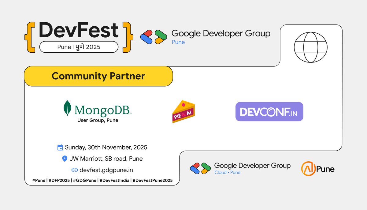 GDGPune's tweet photo. Proud to announce our DevFest Pune 2025 Community Partners! π€π
β’ @MongoDB Community β’ @devconf_in β’ Pie & AI
π JW Marriott, Pune
ποΈ Sunday, 30th November 2025
Onwards, together!β¨
#DFP2025 #DevFestPune2025 #Pune #DevFestIndia #GDGPune https://t.co/klemkts40w