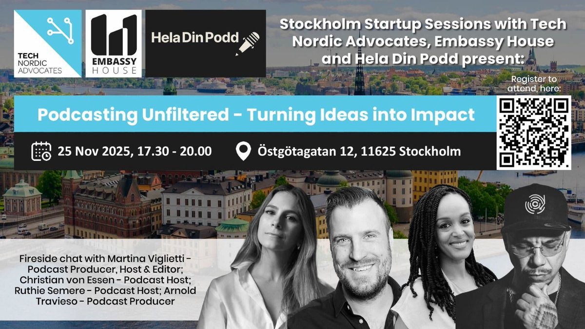 TechNordicAdv's tweet image. 🇸🇪  Stockholm Startup Sessions - Today! Join us for &quot;Podcasting Unfiltered - Turning ideas into impact&quot; featuring expert podcast hosts &amp;amp; producers who&apos;ll share their insights on how to launch and grow a podcast in 2026.
Grab a seat here: buff.ly/2ZoQ3p4