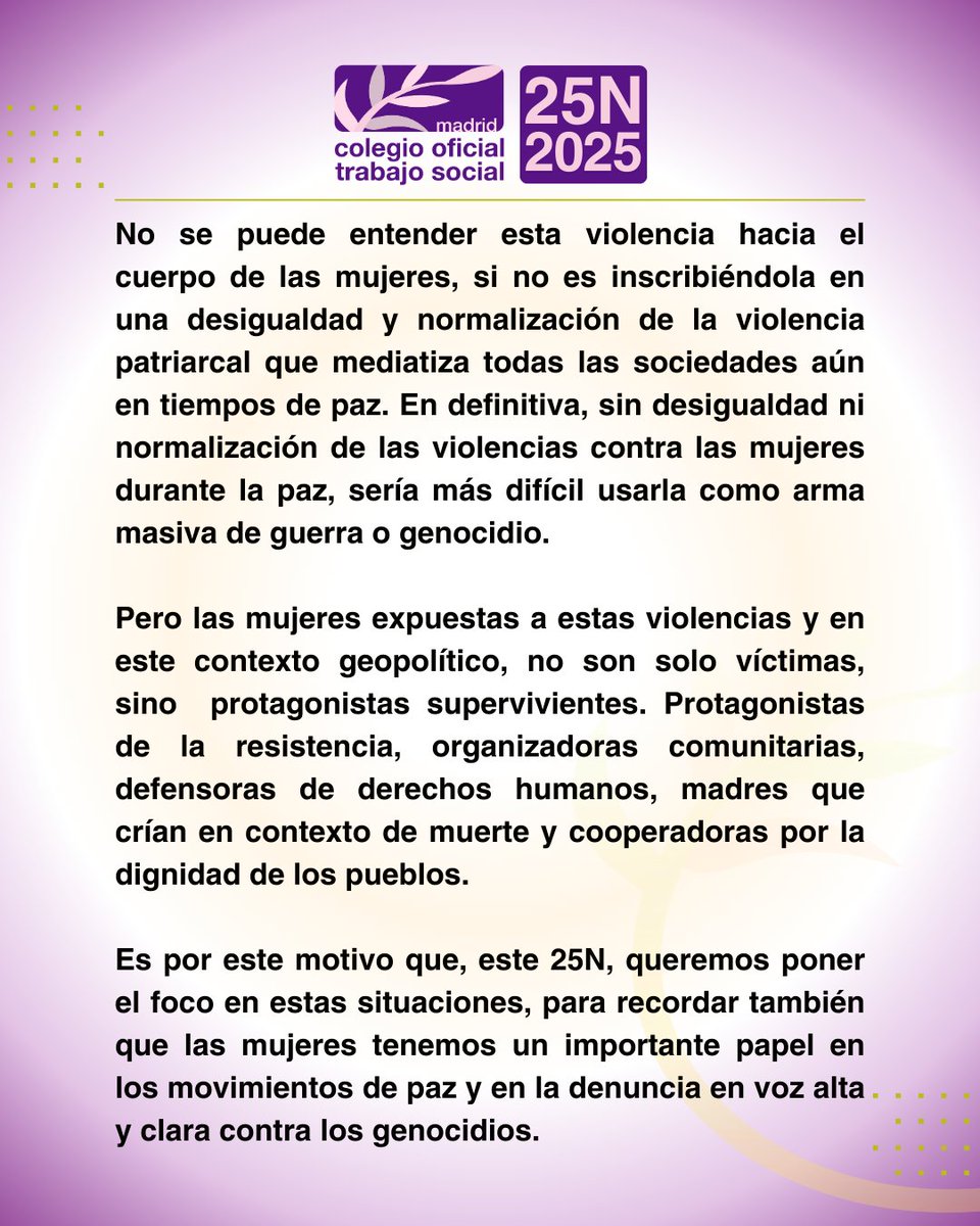 Hoy, 25N, alzamos la voz contra la violencia que sufren mujeres en todo el mundo, también en contextos de conflicto y genocidio. 

Lee el manifiesto en nuestra web: comtrabajosocial.com/manifiesto-25n/

#25N #ViolenciaMachista #DerechosHumanos #Feminismo #JusticiaSocial #Paz #NoMásViolencias