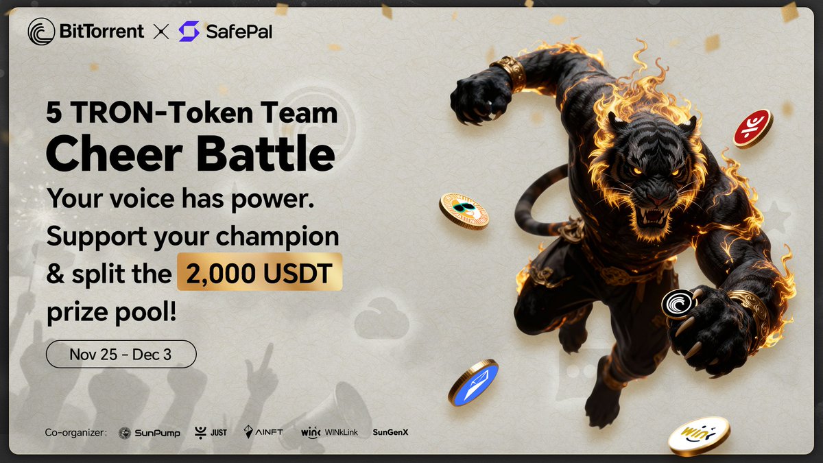 BitTorrent's tweet image. 📢  5 TRON-Token Team Cheer Battle Begins, support BTT Team &amp;amp; split the 2,000 USDT prize pool.

The $SUN, $NFT, $BTT, $JST, and $WIN teams are battling it out. From Nov 25 to Dec 3(SGT), show your support and help your favorite team gain community momentum.

How to Participate:…