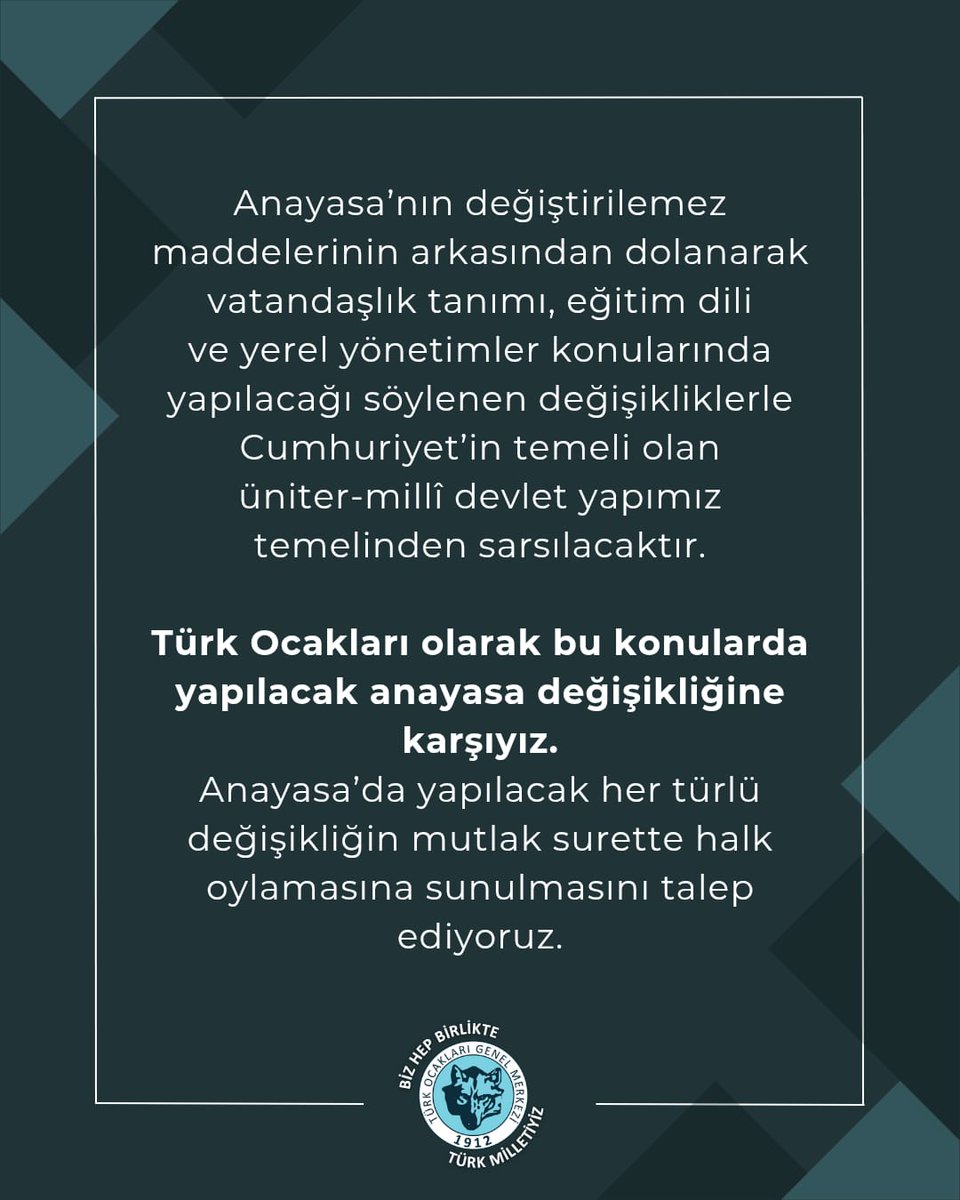 ❗ Anayasa’nın değiştirilemez maddelerinin arkasından dolanarak vatandaşlık tanımı, eğitim dili ve yerel yönetimler konularında yapılacağı söylenen değişikliklerle Cumhuriyet’in temeli olan üniter-millî devlet yapımız temelinden sarsılacaktır. Türk Ocakları olarak bu konularda