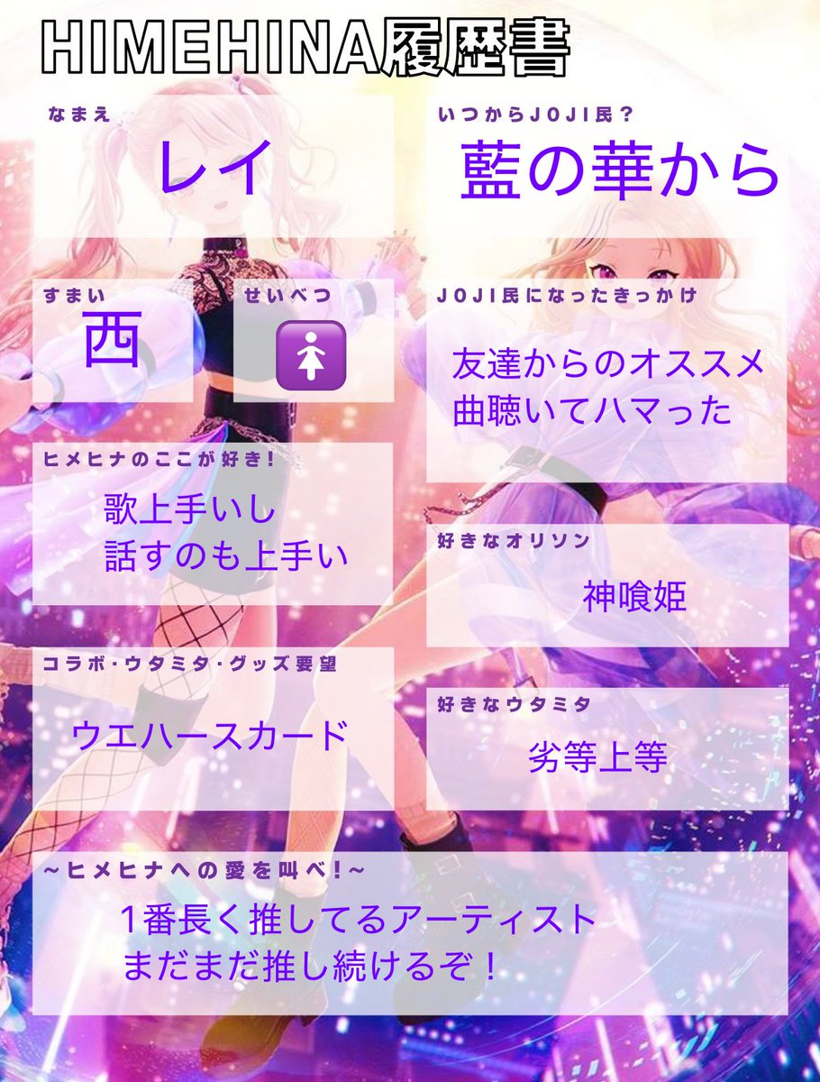 Rei__reiN00's tweet image. ツアーも参加したいと考えてるので履歴書再掲〜
大阪と福岡に行きたいと考えてます
ジョジ友募集✨️

 #ヒメヒナ
 #ヒメヒナ履歴書
 #ジョジの輪
 #jojiの輪