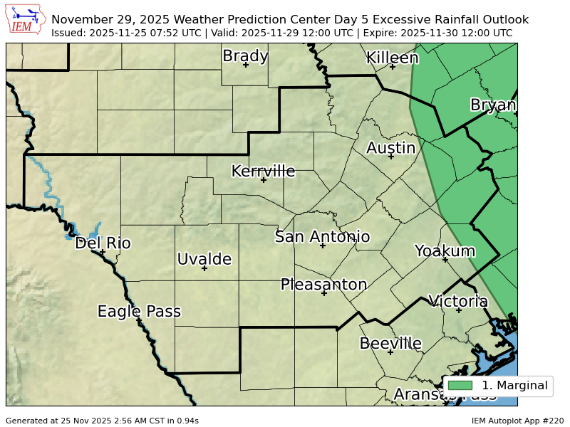 EWXBot's tweet image. WPC issues Day 5 Marginal Risk Excessive Rainfall Outlook at Nov 25, 7:52z for EWX wpc.ncep.noaa.gov/qpf/excessive_…