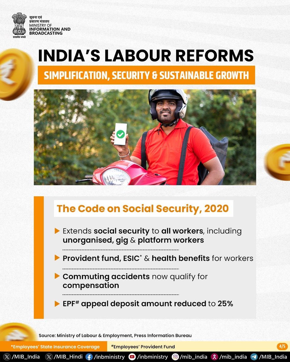 airnews_hyd's tweet image. ♦ కార్మిక సంస్కరణలు కార్మికుల సామాజిక భద్రత, ఆరోగ్య ప్రయోజనాలను సులభంగా పొందేలా చూస్తాయి. 
♦ న్యాయమైన, భవిష్యత్తుకు సిద్ధంగా ఉన్న కార్మిక పర్యావరణ వ్యవస్థ పట్ల భారతదేశ నిబద్ధతను బలోపేతం చేస్తాయి.
#LabourCodes