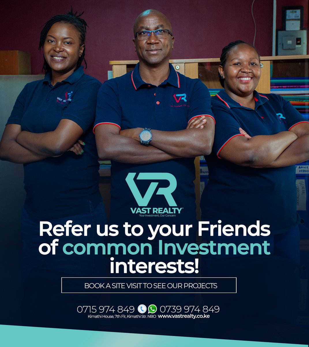 VastRealtyke's tweet image. Tell a friend to tell a friend that we sell land within Nairobi and it's Environs.
Motivate one another and grow your investments.

📞 0715 974849
vastrealty.co.ke

Visit our office at Kimathi House 7 floor, suite 703
#AffordableLand #OwnAPlot #landinvestment #investinland