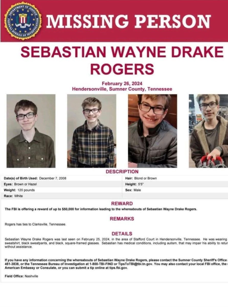 MattBlacInc's tweet image. #SebastianRogers | #Missing 
Date of Last Contact | Feb&apos; 25, 2024
Missing From Hendersonville #Tennessee
Missing Age | 15 Years
Current Age | 16 Years

Tips 1-800-TBI-FIND or tips@tbi.tn.gov

NCMEC Number 2014106
namus.gov/MissingPersons…

namus.gov/MissingPersons…

@DonCounty14931