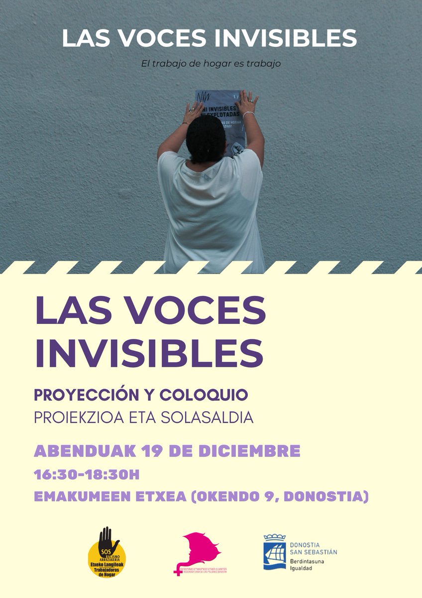 🎬Proiekzioa eta solasaldia// Proyección y coloquio

🔇Las Voces Invisibles 
🗓️Abenduak 19
📍Donostiako Emakumeen Etxea
⏰16:30 – 18:30

🔗donostiaentremundos.org/eu/evento/1109…

#donostiaEntreMundos #donostiaMundoArtean