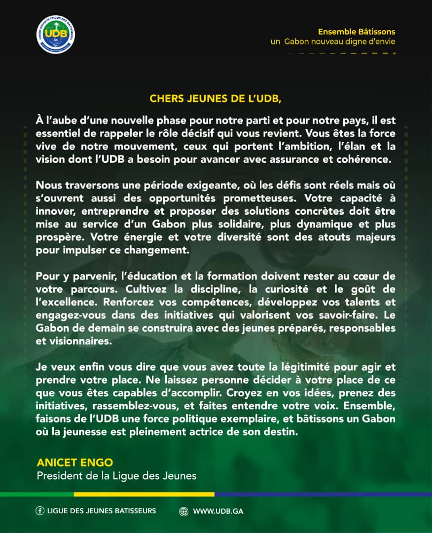 LiguedesJeunesB's tweet image. La jeunesse de l’UDB incarne l’avenir de notre parti et du Gabon. Dans un contexte de défis mais aussi d’opportunités. @PresidenceGA, @oliguinguema